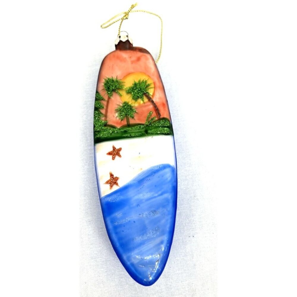 Kurt Adler Surfboard Ornament Hand Painted Glass Beach Palm Trees 5.75"